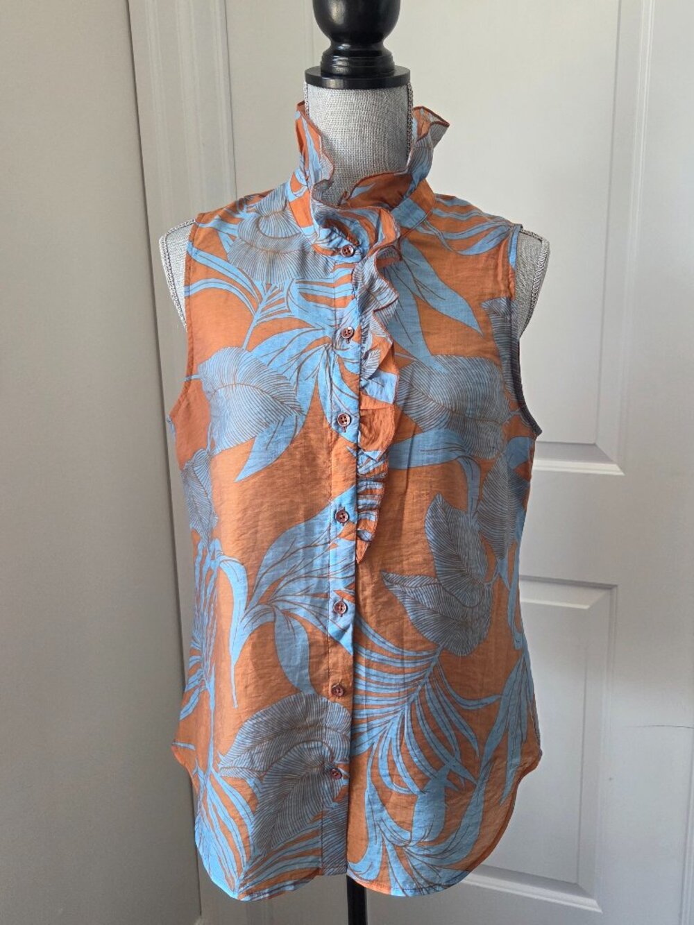 Cabi sleeveless ruffle neck silky feel top feminine blue copper size M